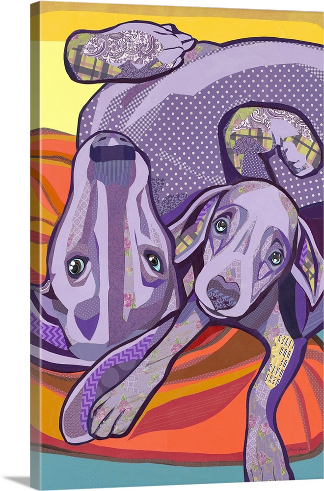 Colorful collage artwork of mom and puppy Weimaraner snuggling together.