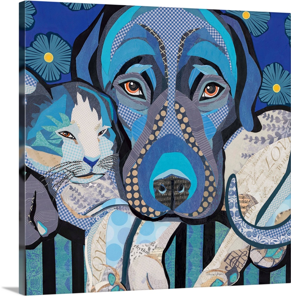 Mixed media art of a dog and cat snuggling in cool blue tones.