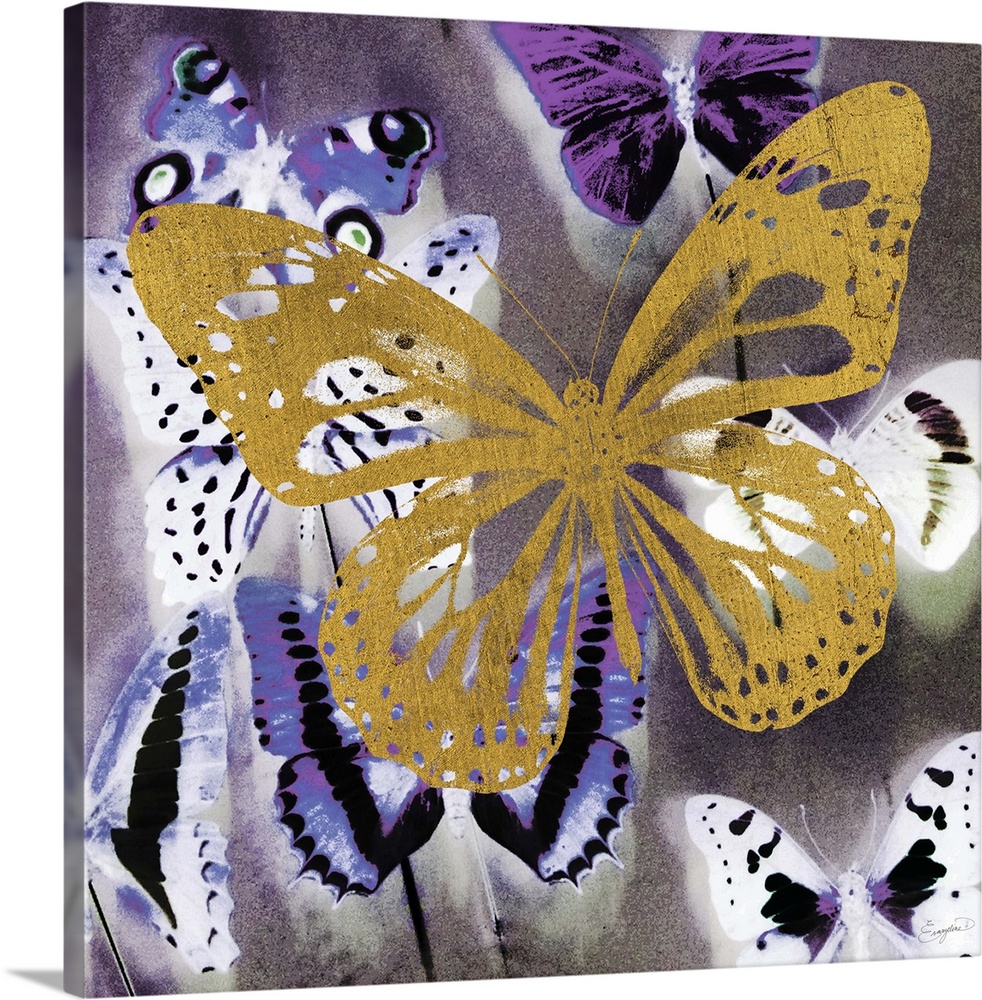 Painting of a golden butterfly silhouette against a multi-toned purple butterfly background.