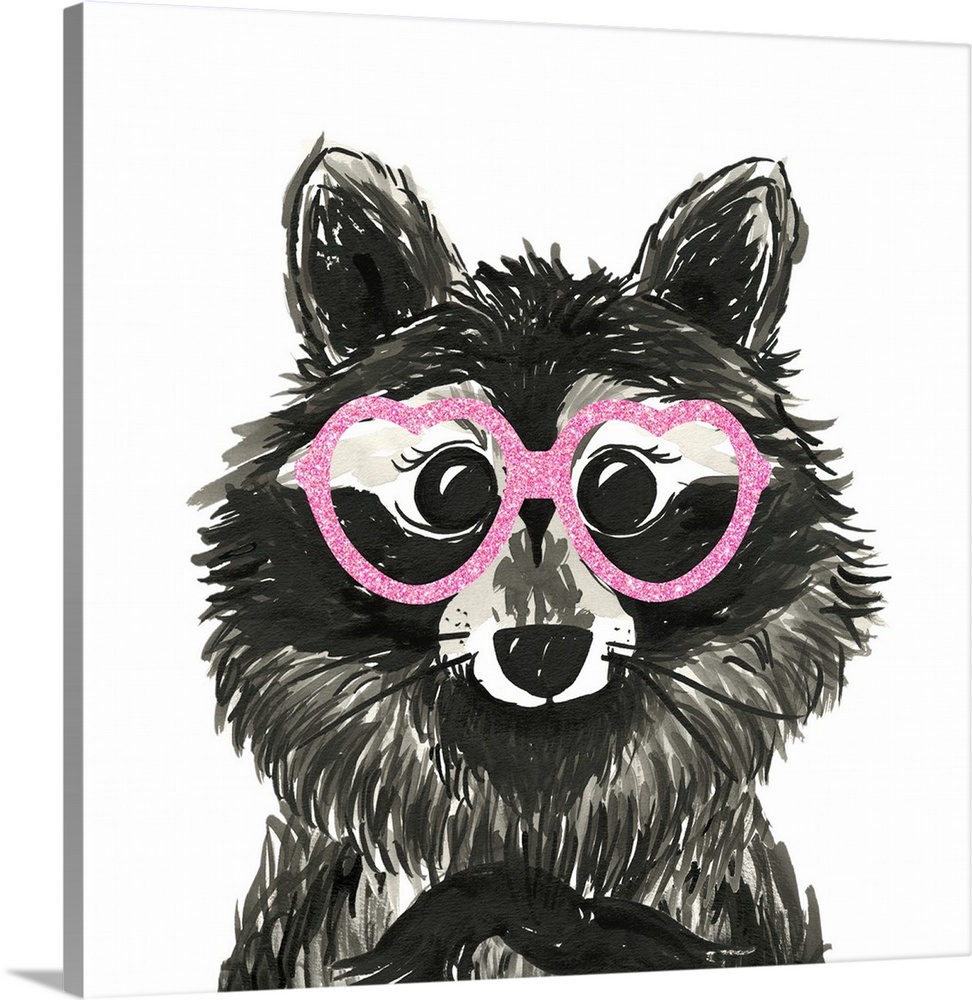 Black and white illustration of a whimsical raccoon wearing heart shaped pink glitter glasses on a square background.