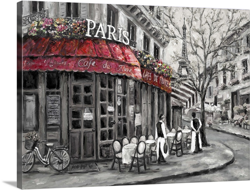 Painting of a street scene in Paris, France, near an outdoor cafe.