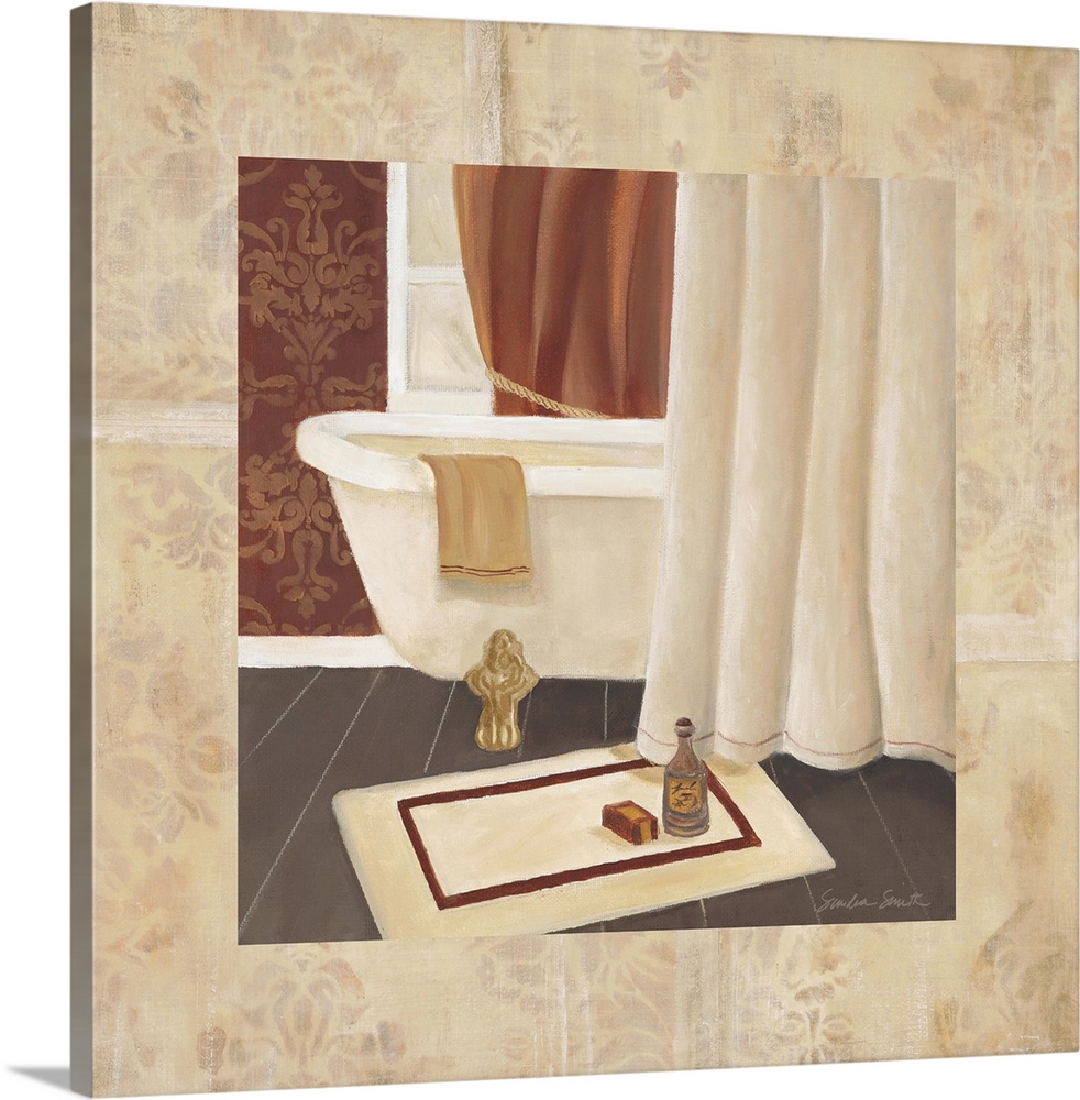 Square painting of a fancy bathtub behind a curtain in a luxury bathroom.