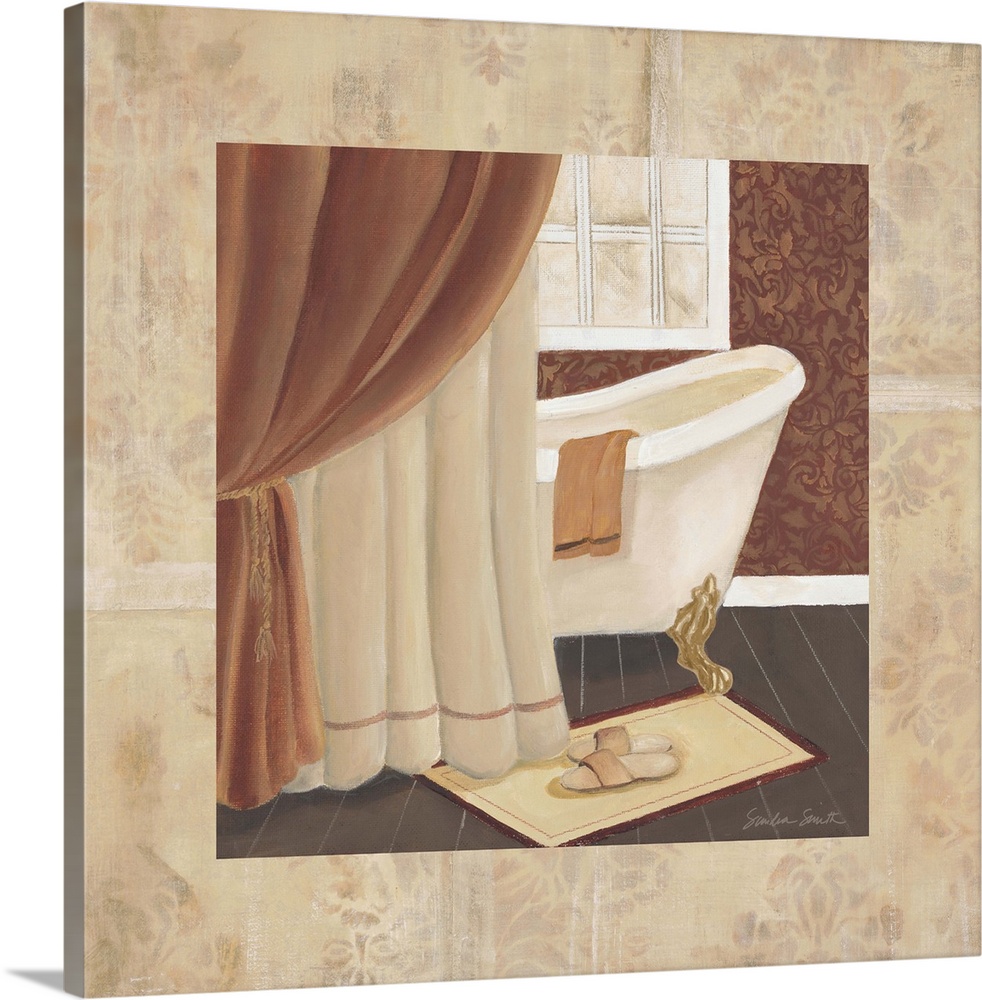 Square painting of a fancy bathtub behind a curtain in a luxury bathroom.