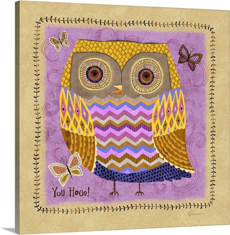 Contemporary artwork with a retro feel of a purple owl against blueish green background.