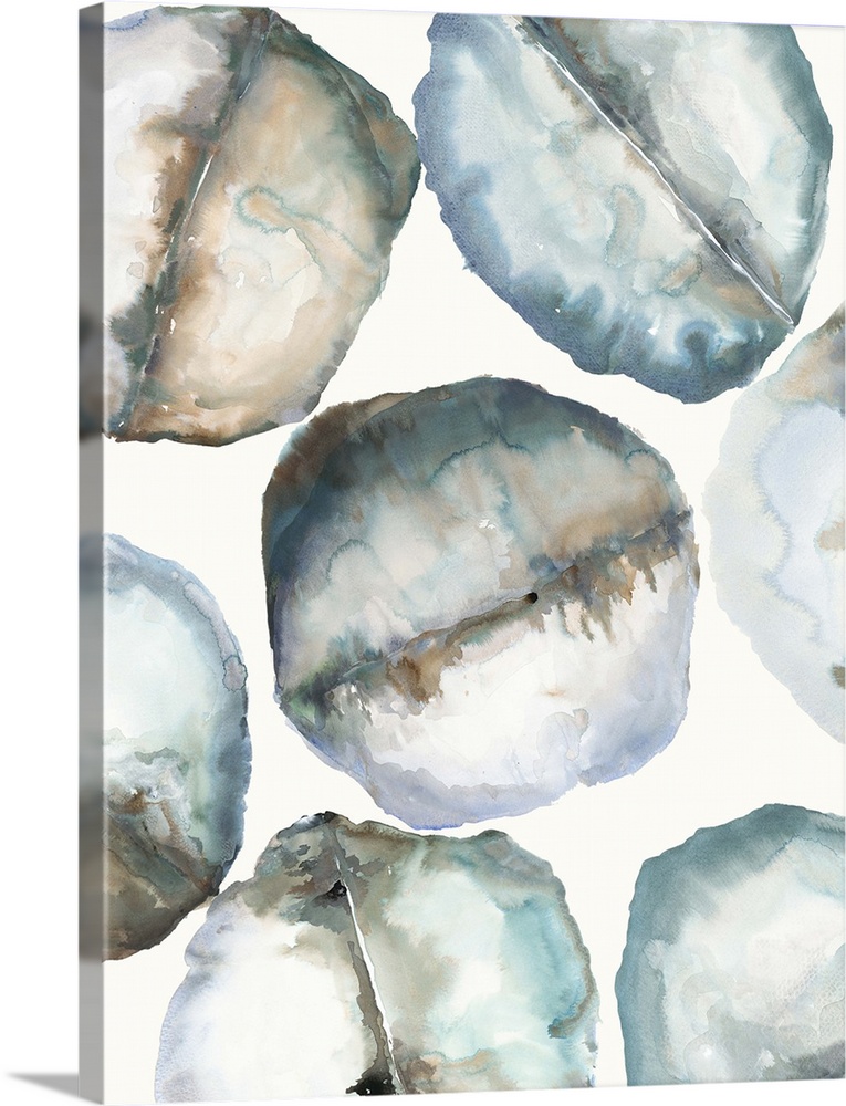 Abstract artwork of organic round shapes in cool tones, resembling smooth rocks.