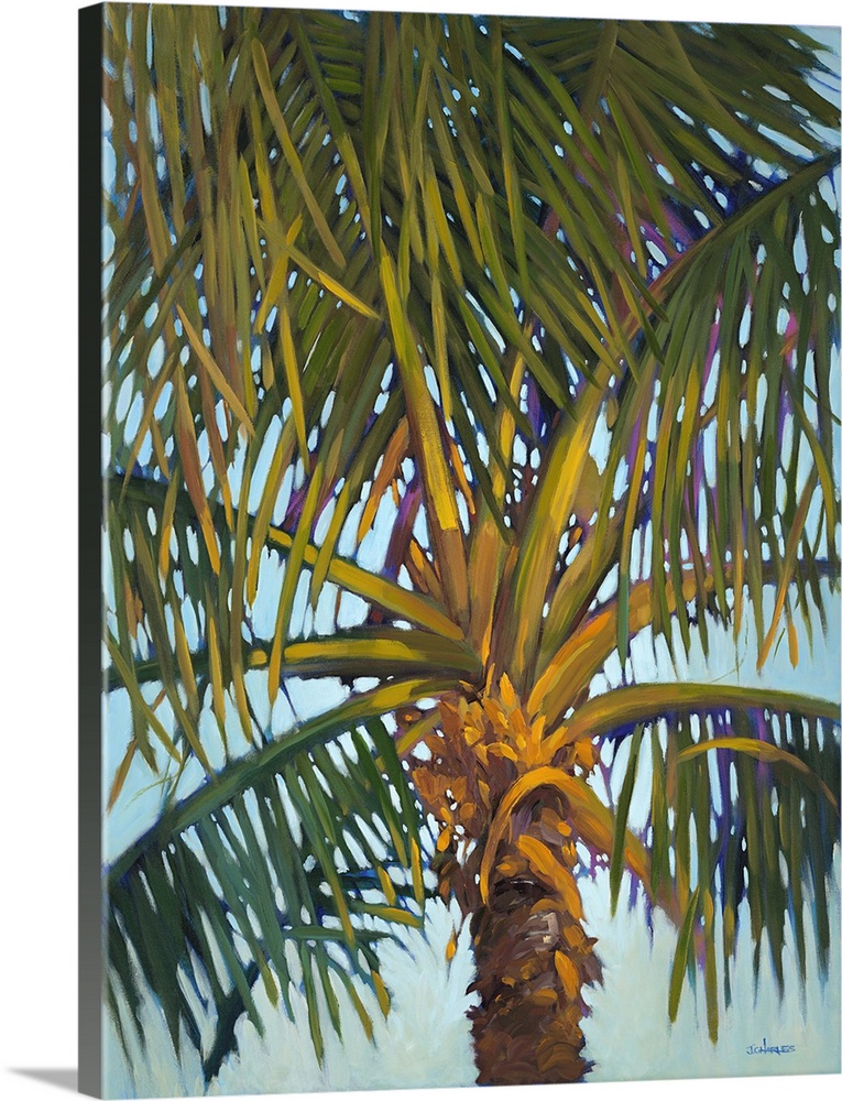 Contemporary colorful painting of a tropical palm tree.