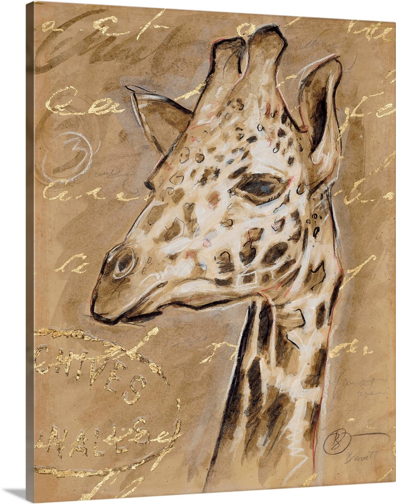 Portrait of a giraffe in brown tones with golden writing.