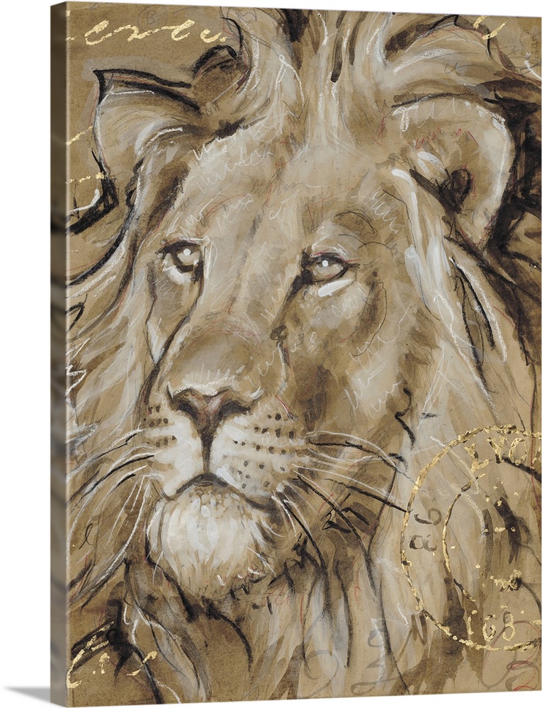 Portrait of a lion in brown tones with golden writing.