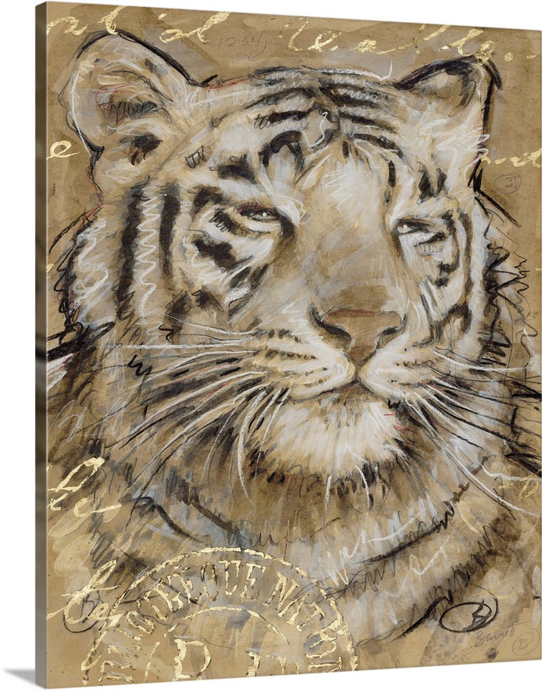 Portrait of a tiger in brown tones with golden writing.