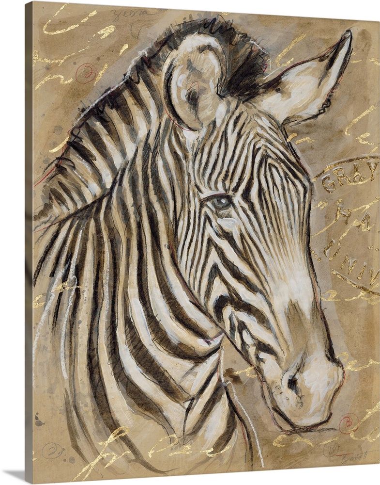 Portrait of a zebra in brown tones with golden writing.