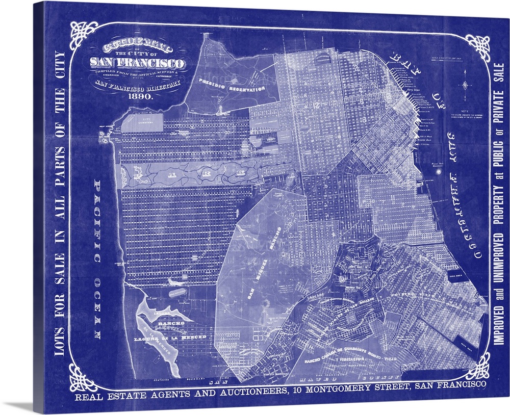 Vintage blueprint-style map of San Francisco and the bay.