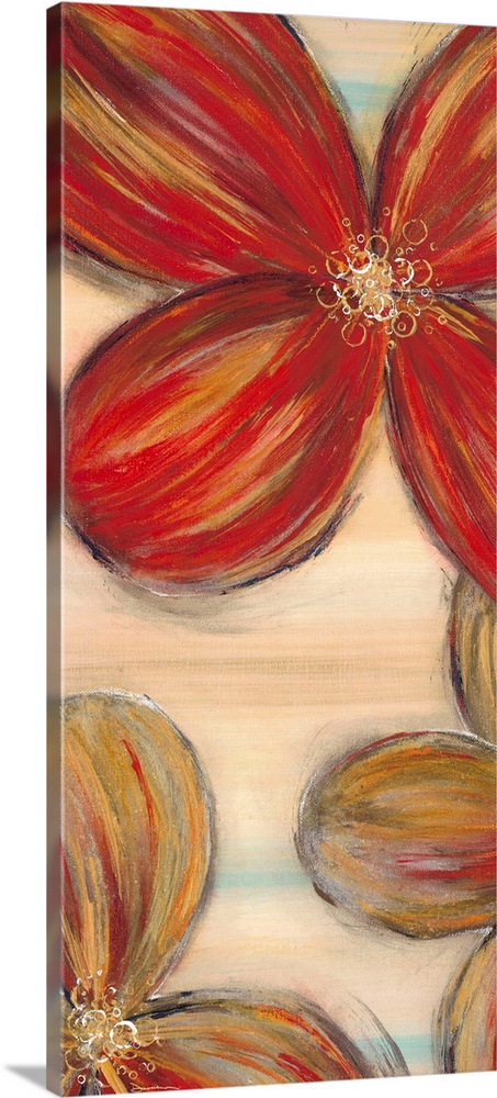 Contemporary home decor artwork of warm toned flowers against a neutral background.