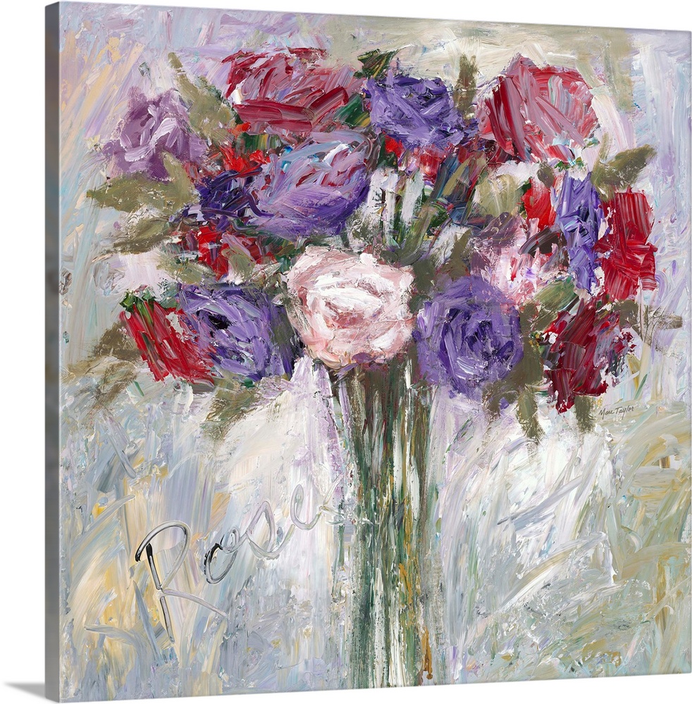Contemporary still life painting of a bouquet of colorful flowers in a vase.