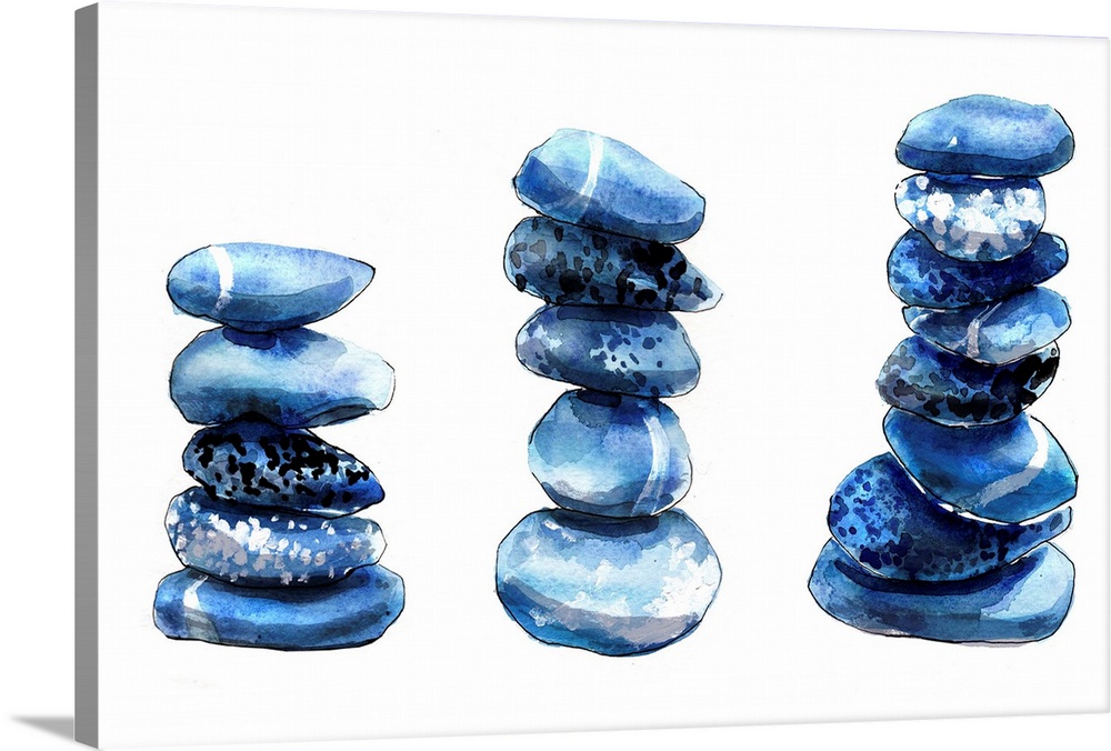 Contemporary artwork of three stacks of round blue pebbles.