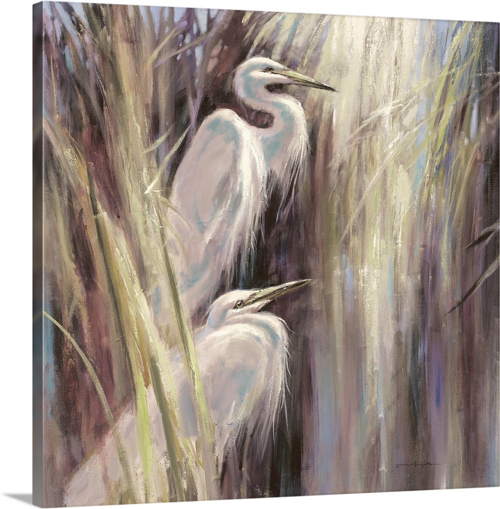 Contemporary painting of two herons standing a-midst tall grass.