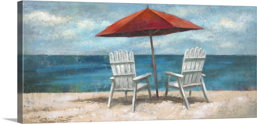 Contemporary painting of white lounge chairs sitting under an umbrella on the beach, looking out at the ocean.