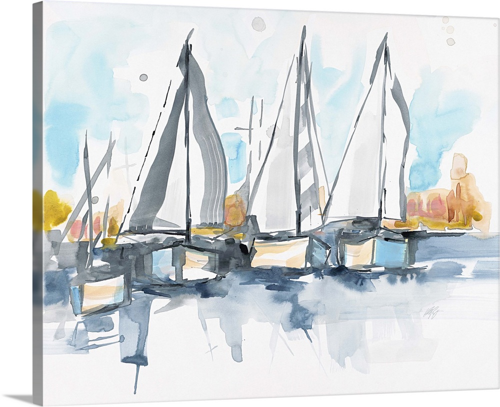 Watercolor painting of three sailboats on the water.