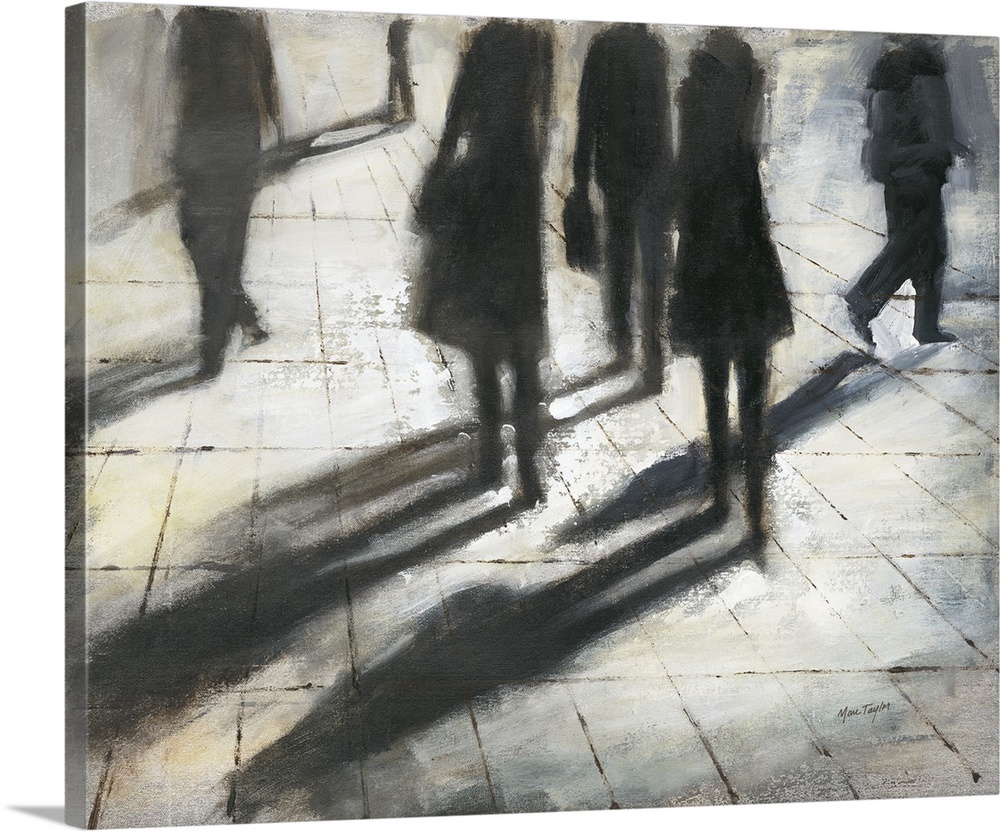 Contemporary painting of silhouetted figures walking and casting shadows.