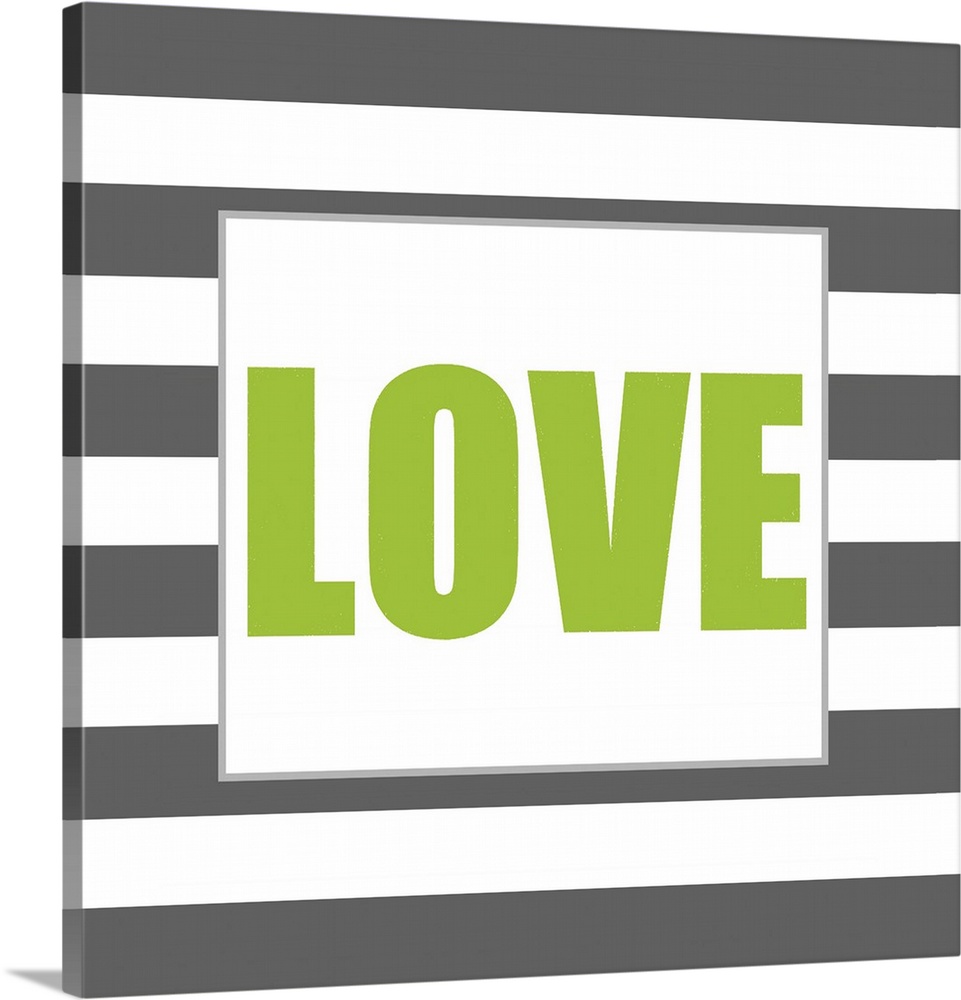 The work Love in green against a dark gray and white striped background.