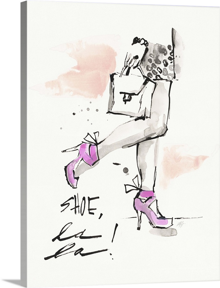 Watercolor fashion artwork of a woman in strappy pink heels.