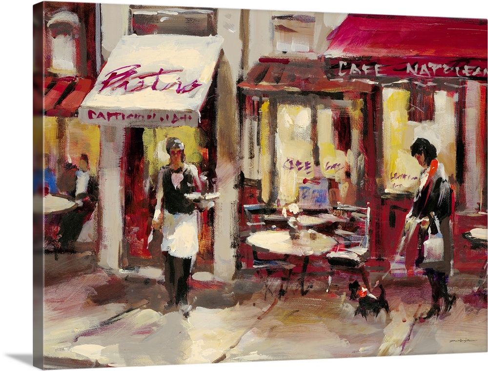 Contemporary painting of a woman walking along a sidewalk approaching a bistro.