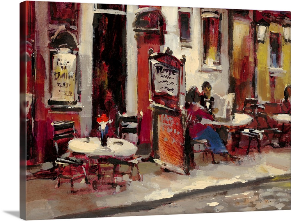 Contemporary painting of a couple sitting outside a cafe.