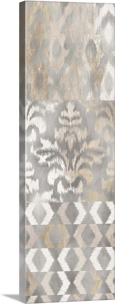 Large panel decor with brown, silver, white, and gold colored ikat patterns.