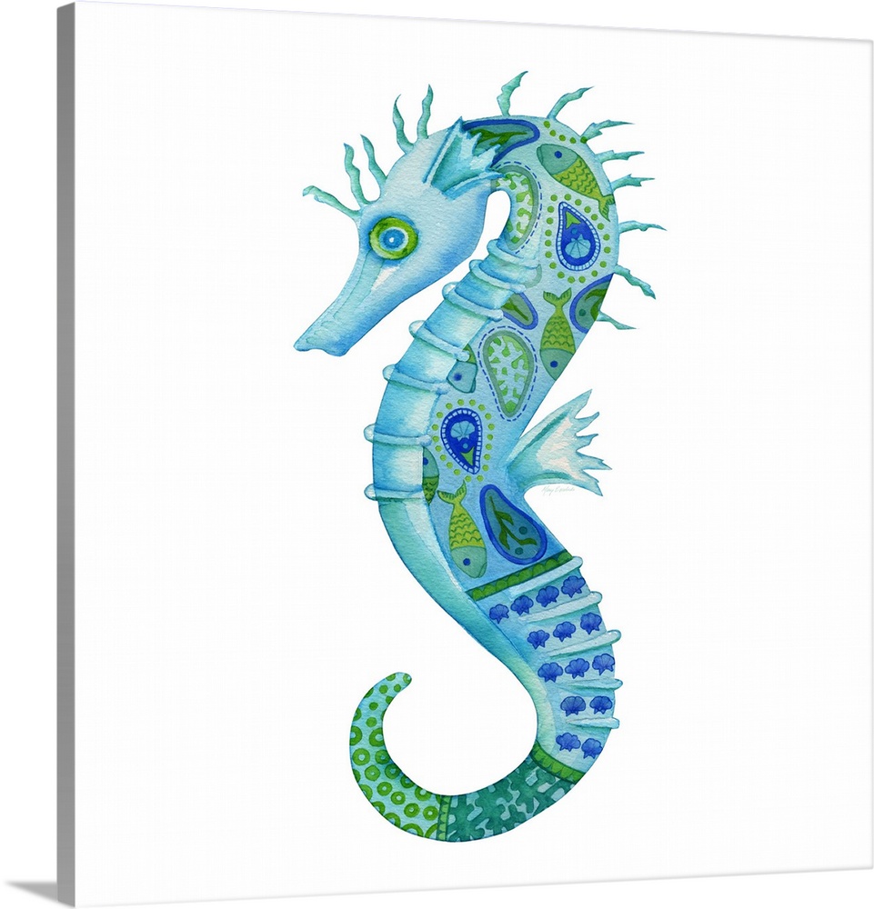 Watercolor painting of a blue and green colored seahorse with intricate details and designs all over.