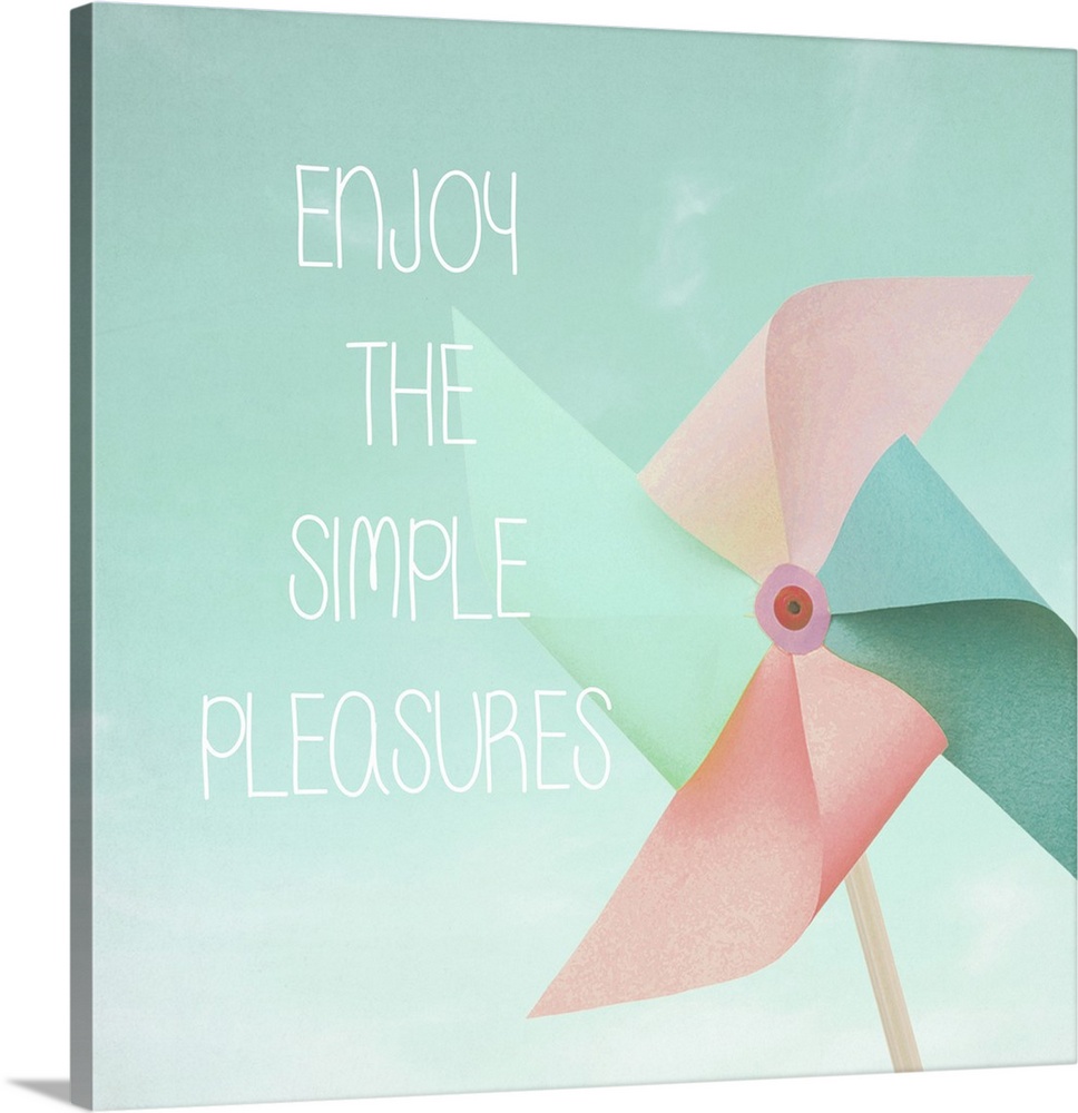 "Enjoy The Simple Pleasures" written on top of a square illustration of a pastel colored pinwheel.