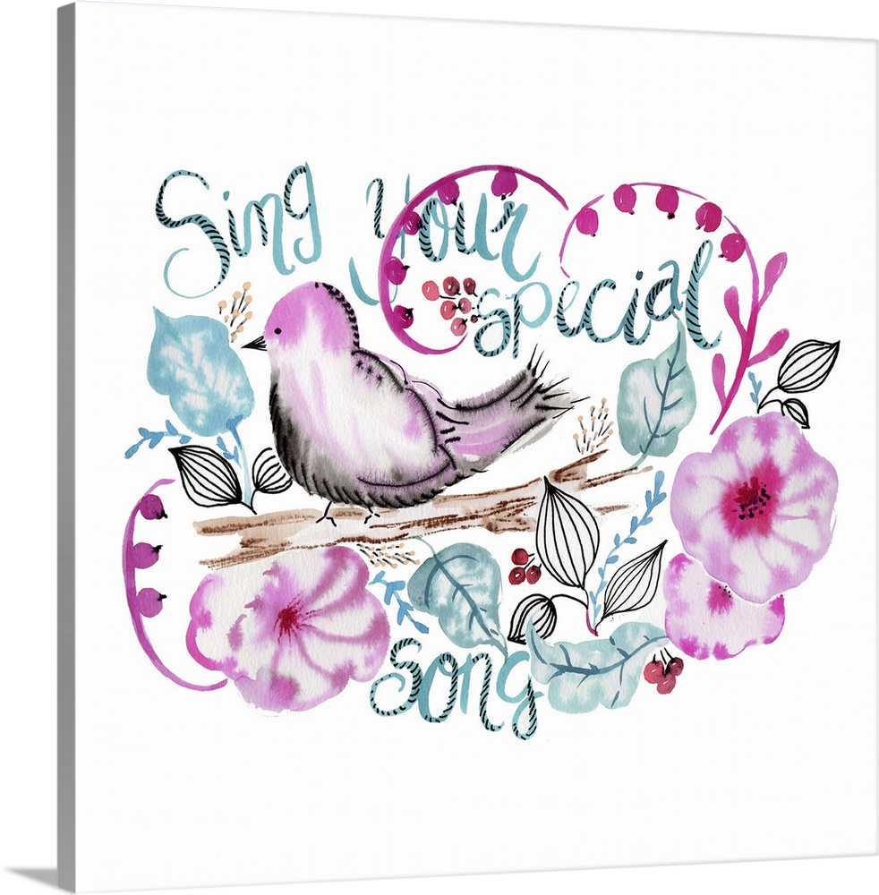 Watercolor florals and bird with a handlettered sentiment.