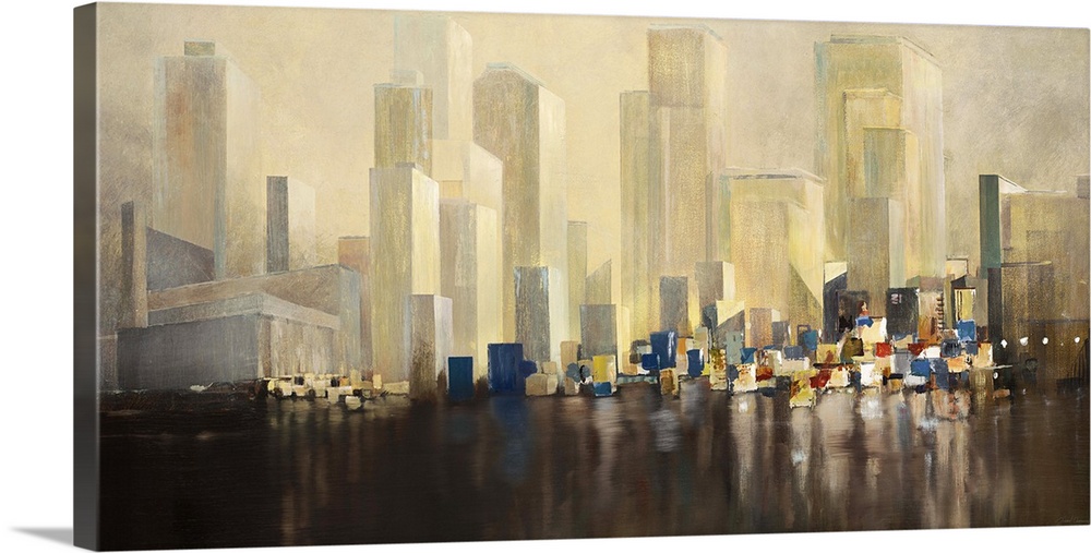 Contemporary painting of a city skyline above misty harbor.