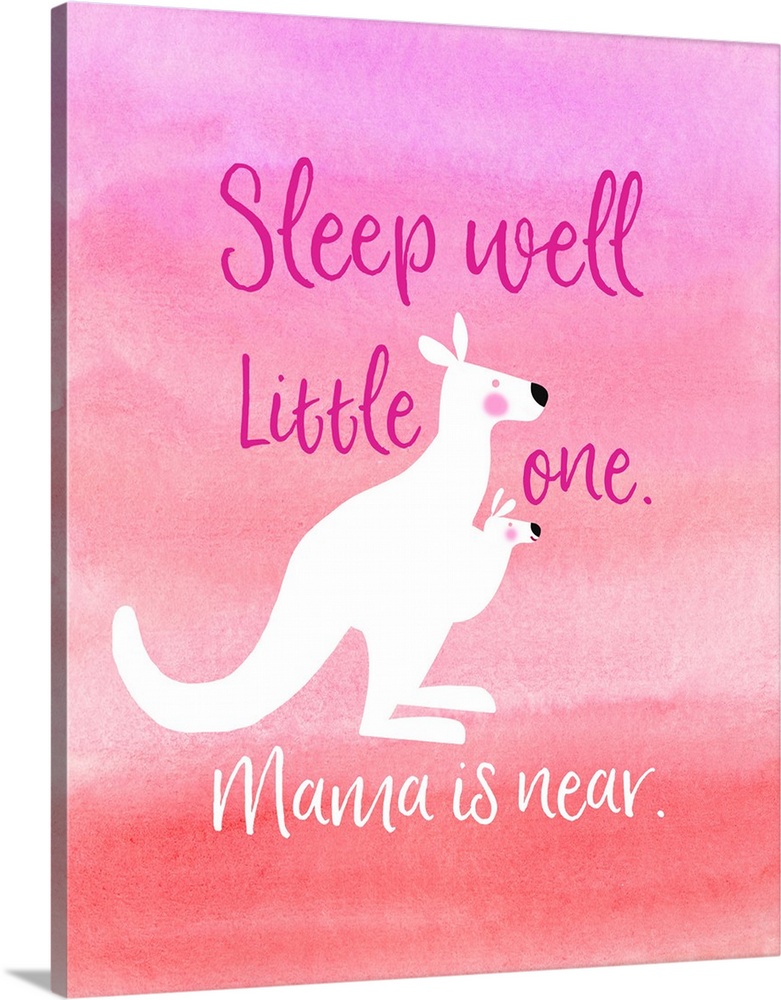 Nursery art of a mother kangaroo and her baby on a pink watercolor wash background.