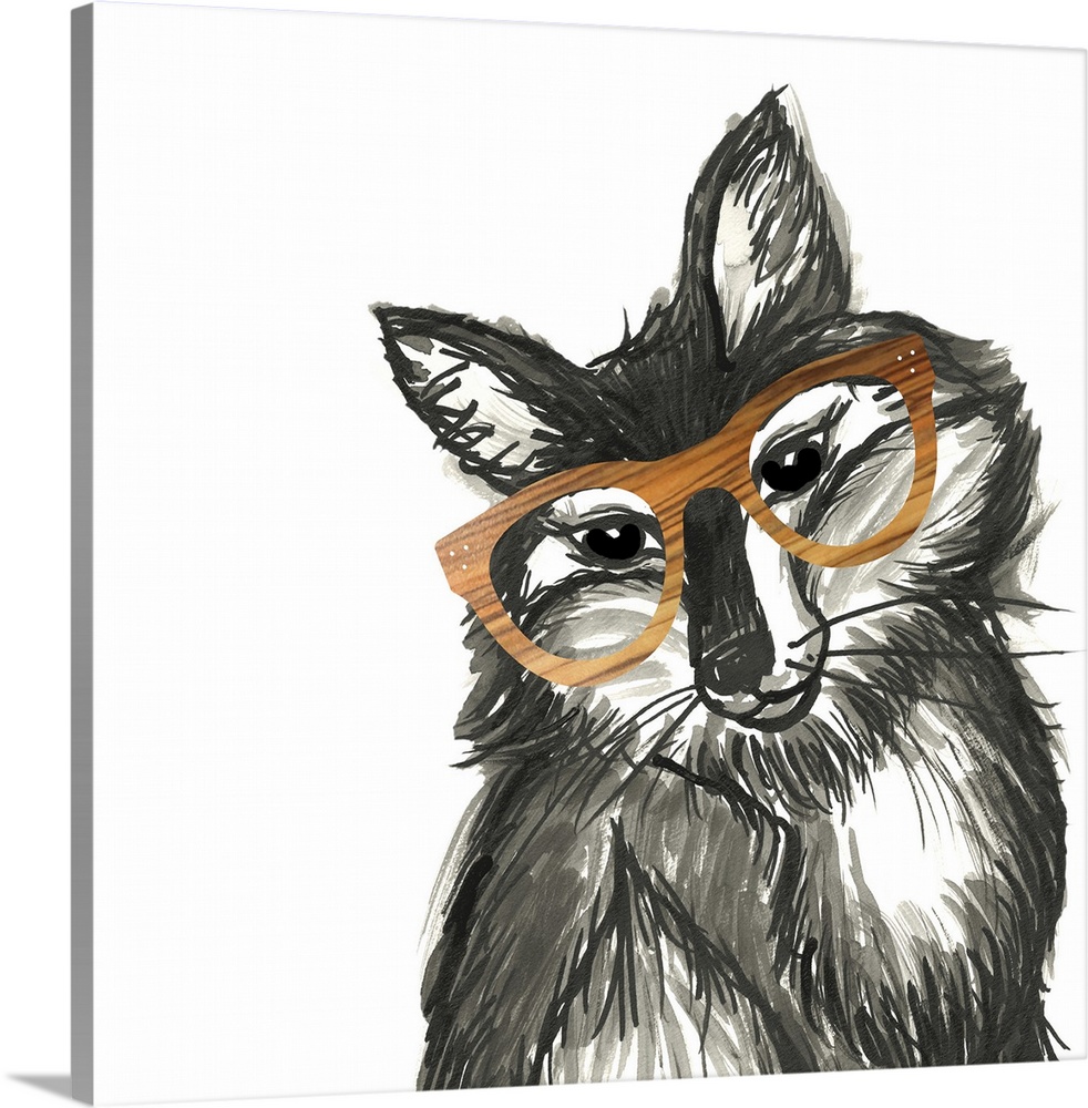 Black and white illustration of a whimsical fox wearing wood grain glasses on a square background.
