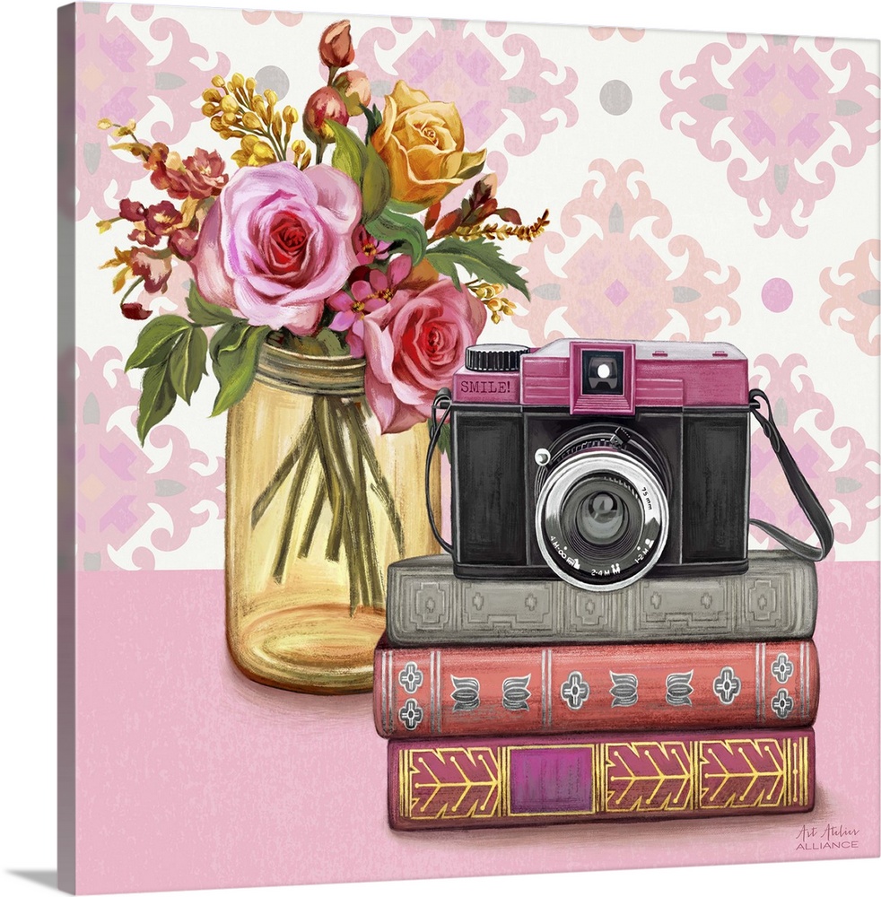 Contemporary vibrant home decor artwork with a pink camera and a bouquet of colorful flowers in a mason jar.