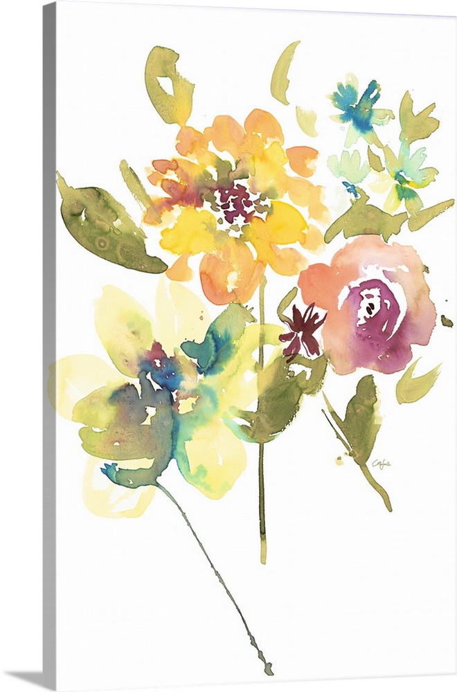 Watercolor illustration of an assortment of springtime flowers on white.