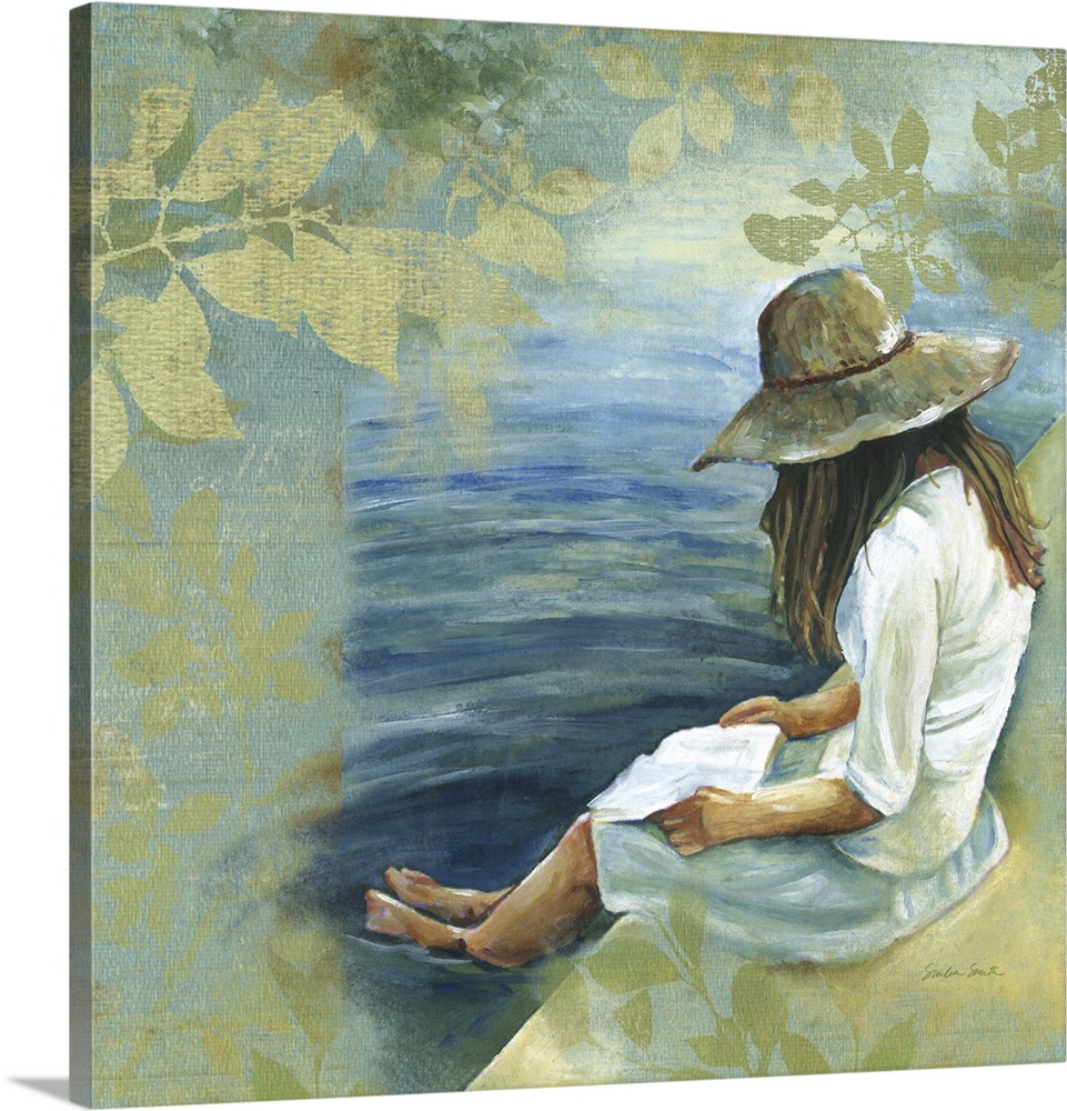 Painting of a woman with a wide-brimmed hat reading a book with her feet in the water.
