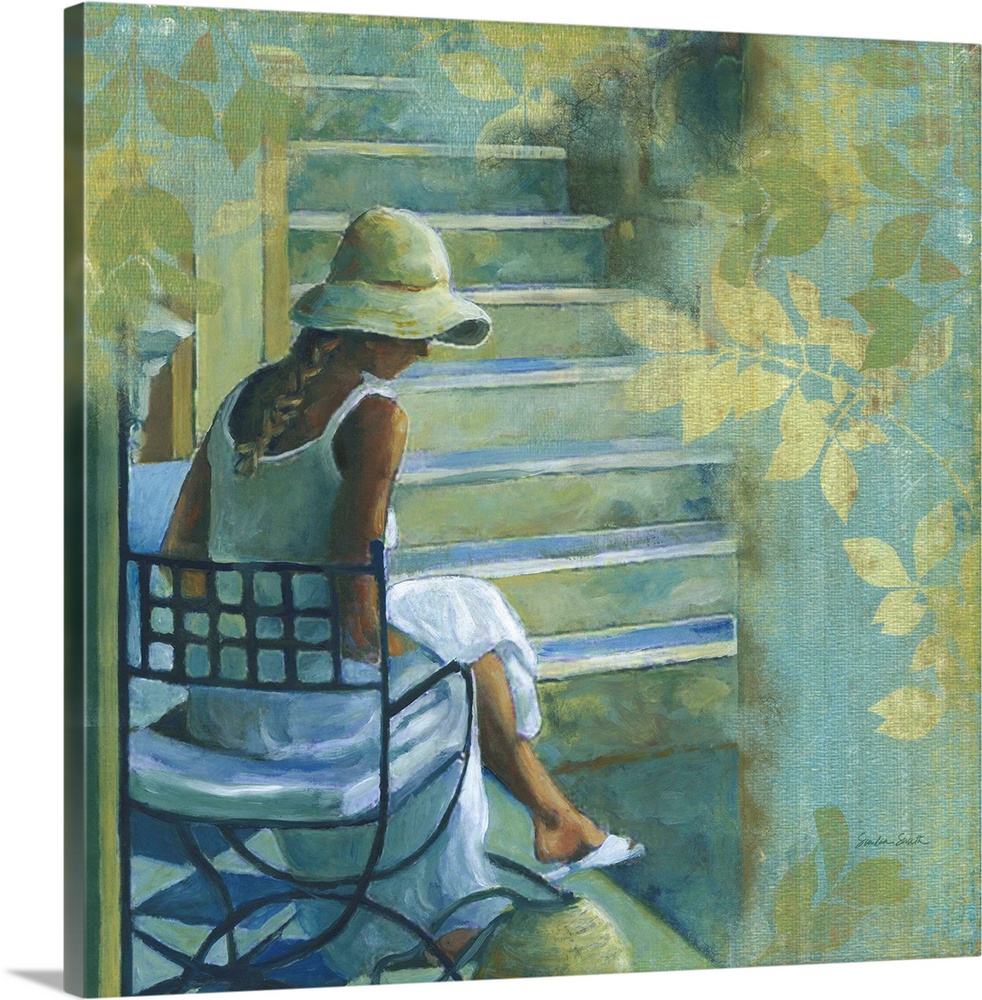 Painting of a woman with a wide-brimmed hat sitting in a chair by the stairs.