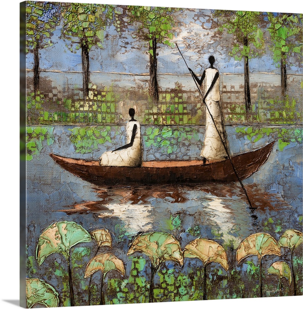 Contemporary painting of two figures in a boat on the river.