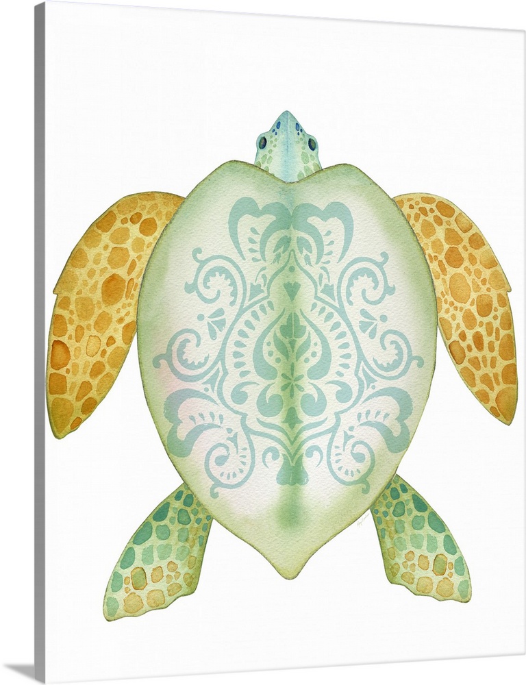 Watercolor artwork of a sea turtle with an intricate design on its shell.