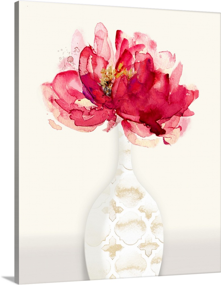 Abstract painting of a red flower inside of a white vase with gold patterns on a cream colored background.