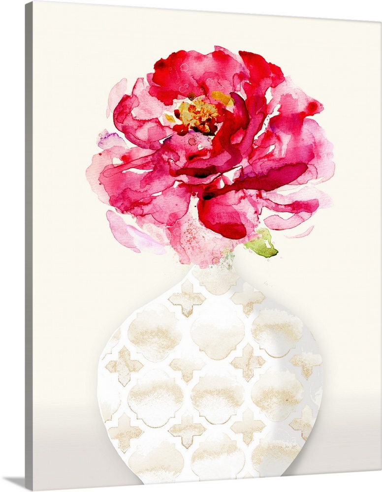 Abstract painting of a red flower inside of a white vase with gold patterns on a cream colored background.