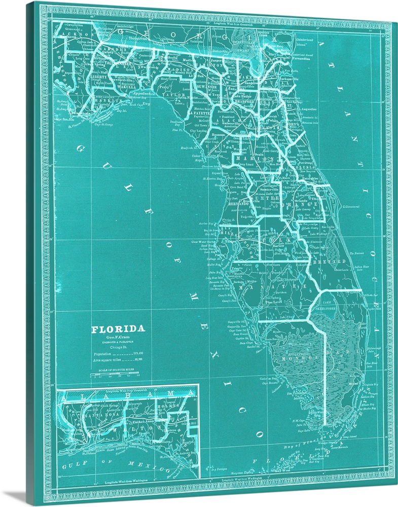 Teal and white map of the whole state of Florida. Original map chart is c.1903.