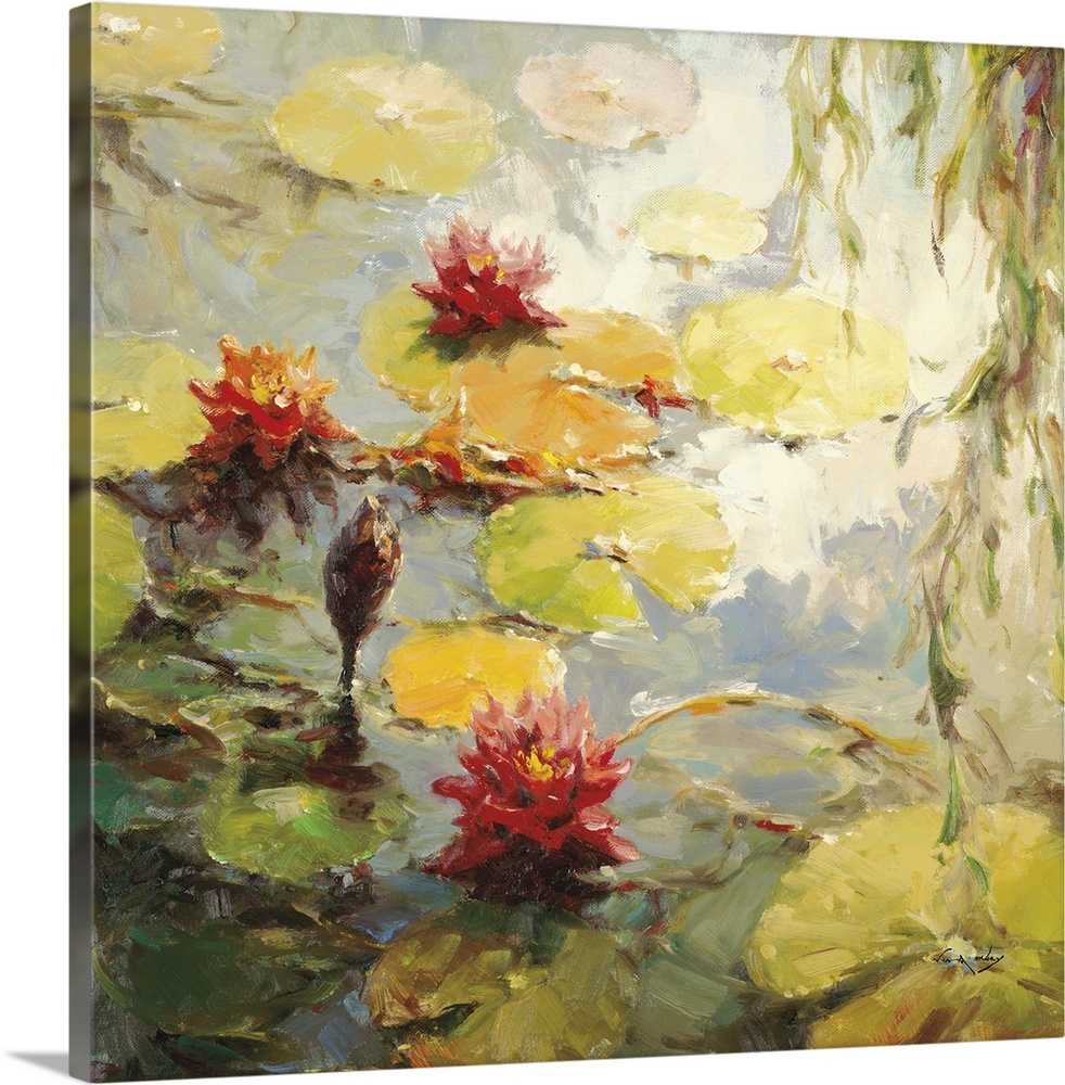 Contemporary painting of several water lilies and lily pads floating in a pond.