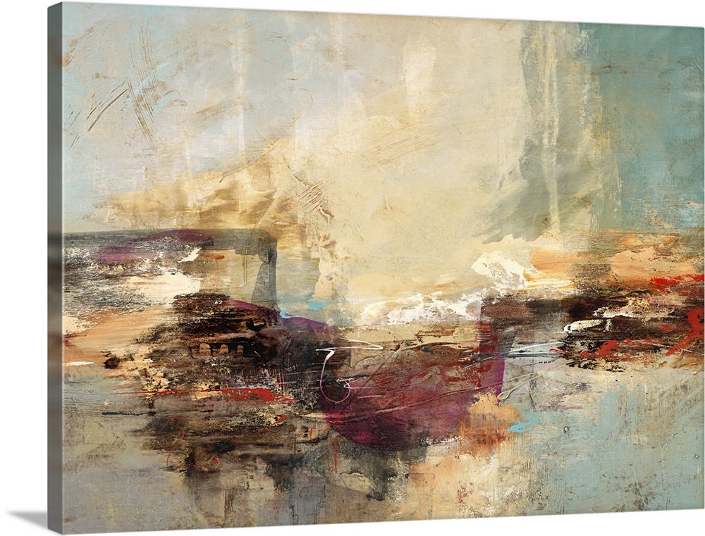 Contemporary abstract art print in rusty shades of orange and red with heavy brush textures.