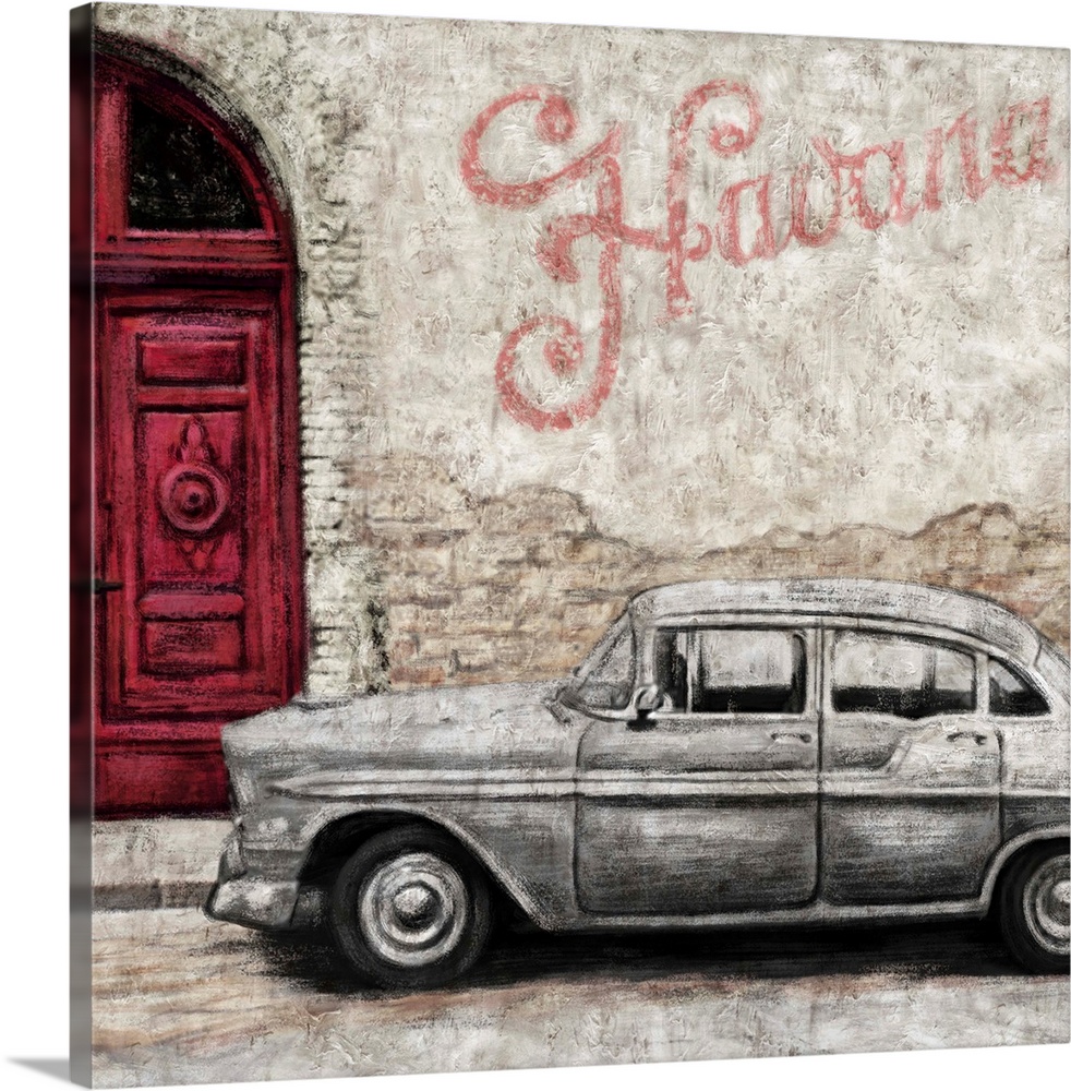 Square decor of an illustrated street scene in Havana, Cuba with a vintage car, red door, and wall graffiti that says "Hav...