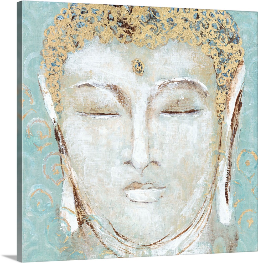 Illustration of the face of Buddha with closed eyes, with golden details.