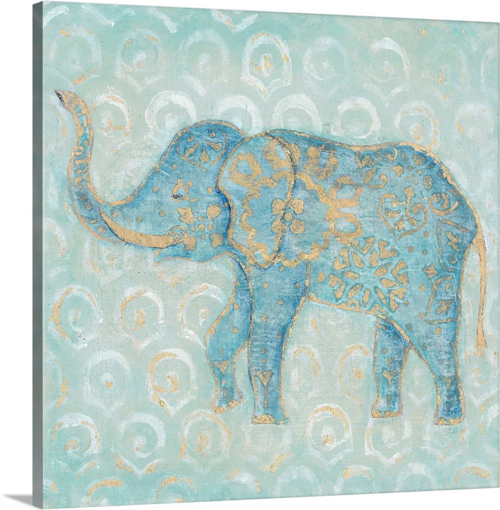Artwork of an Indian Elephant in blue with a golden design on a pale blue patterned background.
