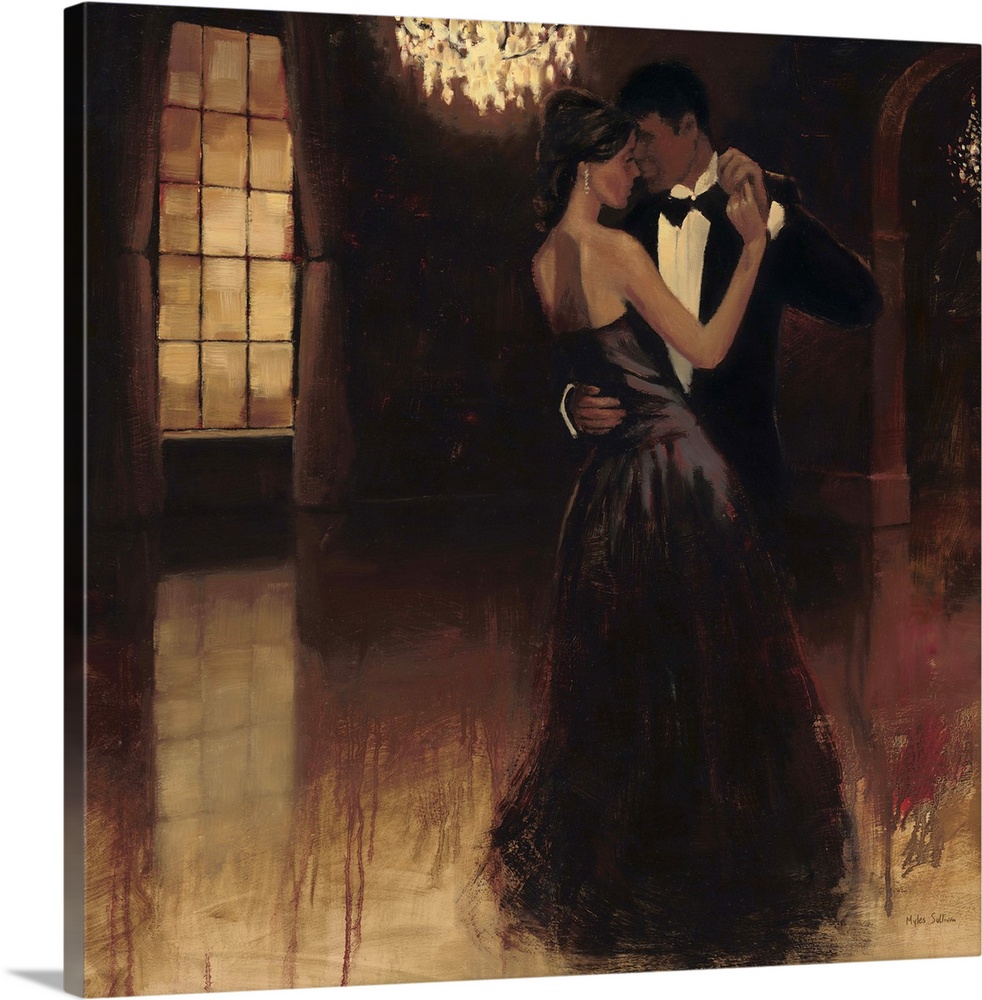 Contemporary painting of a couple dancing the waltz under a fancy chandelier.