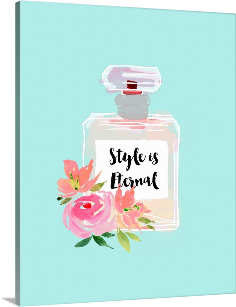 Illustration of a perfume bottle with roses and the quote "Style Is Eternal" written on the bottle in black.