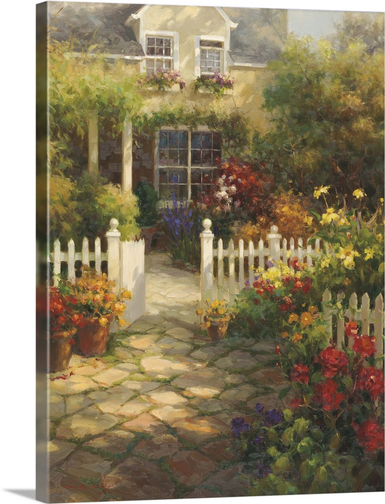 Tranquil painting of a shady cobblestone path leading to a house, lined with flowers and a white picket fence.